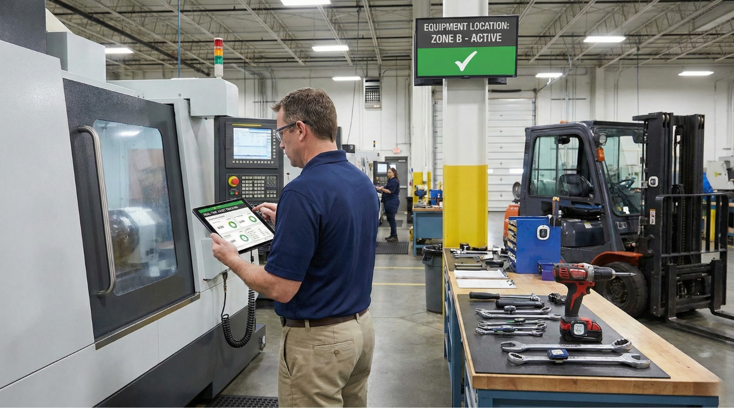 An employee monitors production processes on a tablet using Bluetooth IoT.